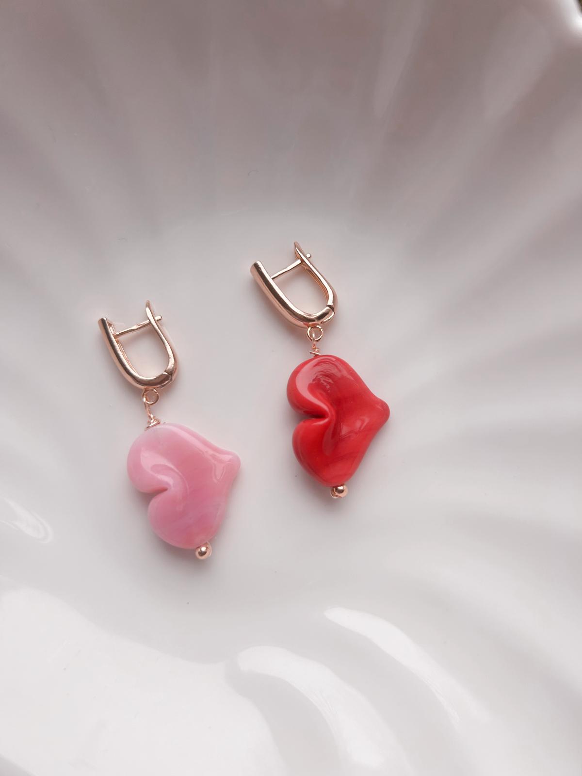 Murano Hoop Earrings - Red & Pale Pink Heart